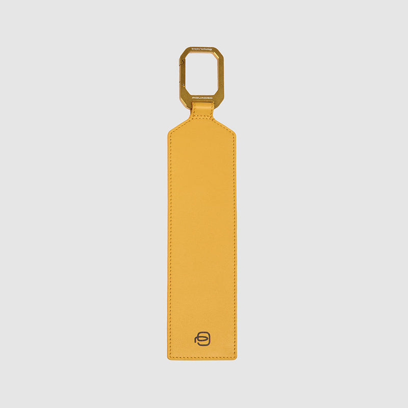 Leather address tag with aluminum snap hook