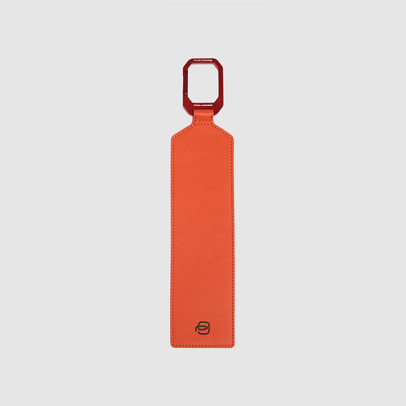 Leather address tag with aluminum snap hook
