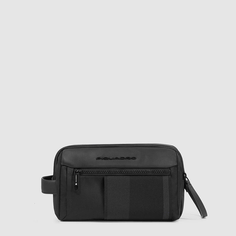 Toiletry bag in recycled fabric and leather