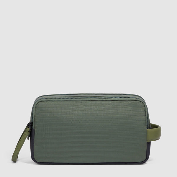 Toiletry bag in recycled fabric and leather