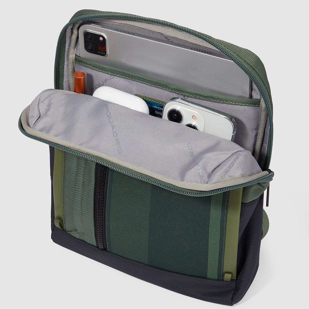 iPad® crossbody bag in recycled fabric and leather