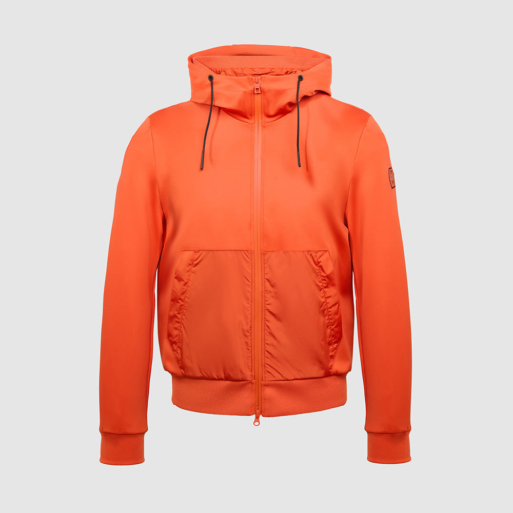 Jacket with knitted fabric hood