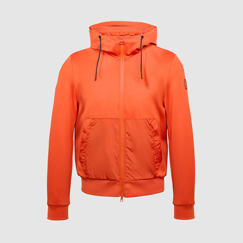 Jacket with knitted fabric hood