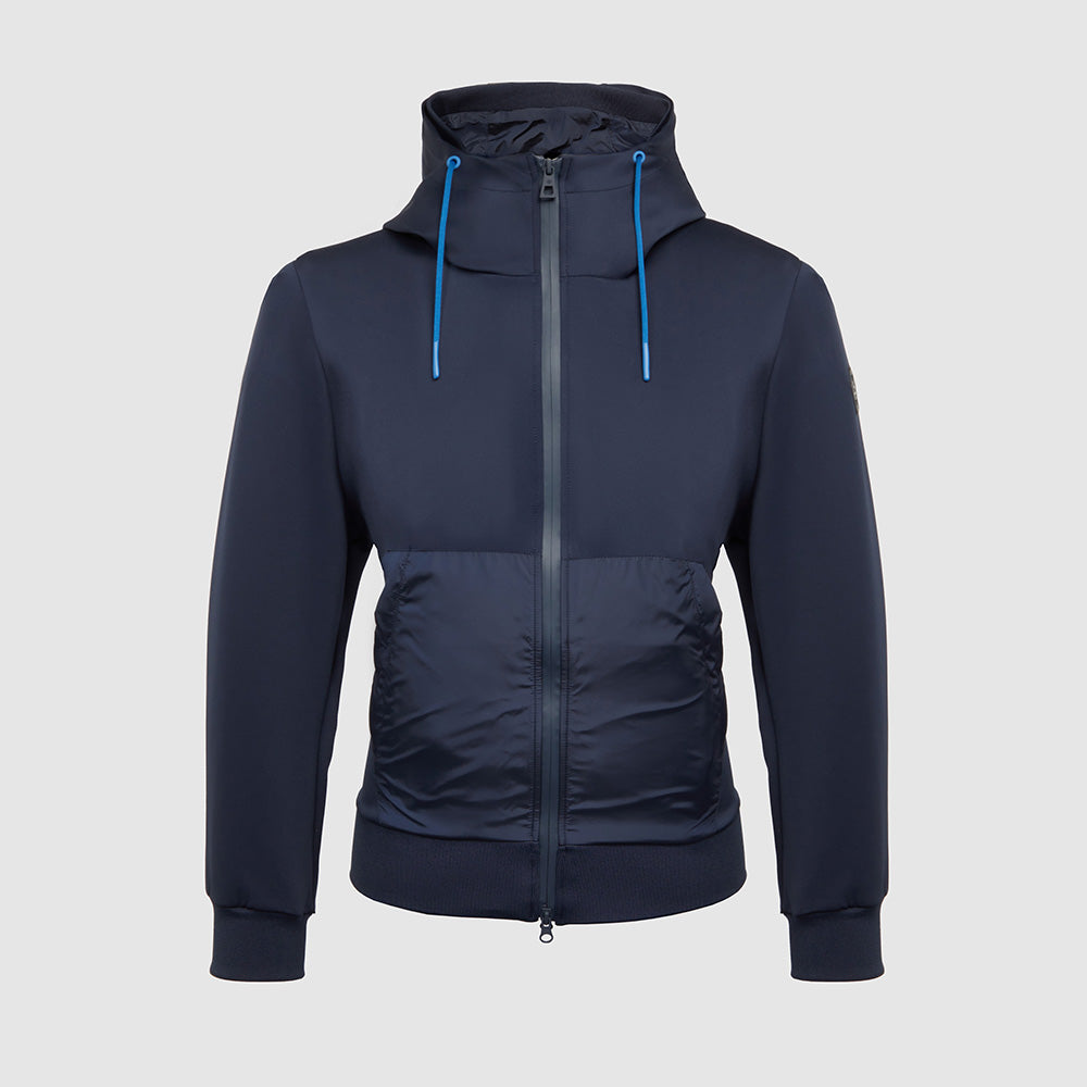 Jacket with knitted fabric hood