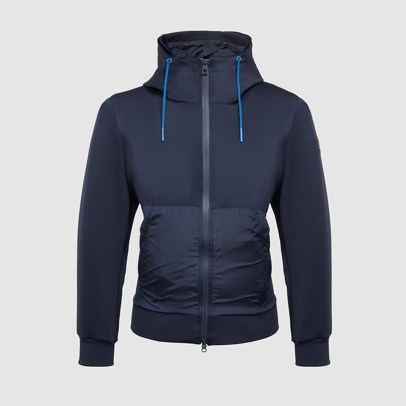 Jacket with knitted fabric hood