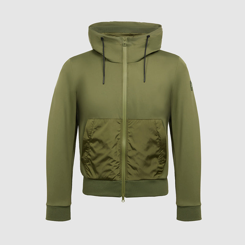 Jacket with knitted fabric hood